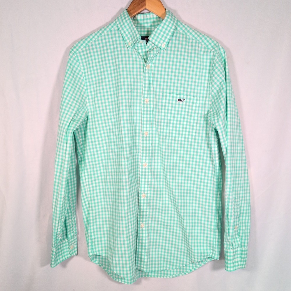 Vineyard Vines Performance Classic Fit Tucker Shirt S Teal White Gingham Check